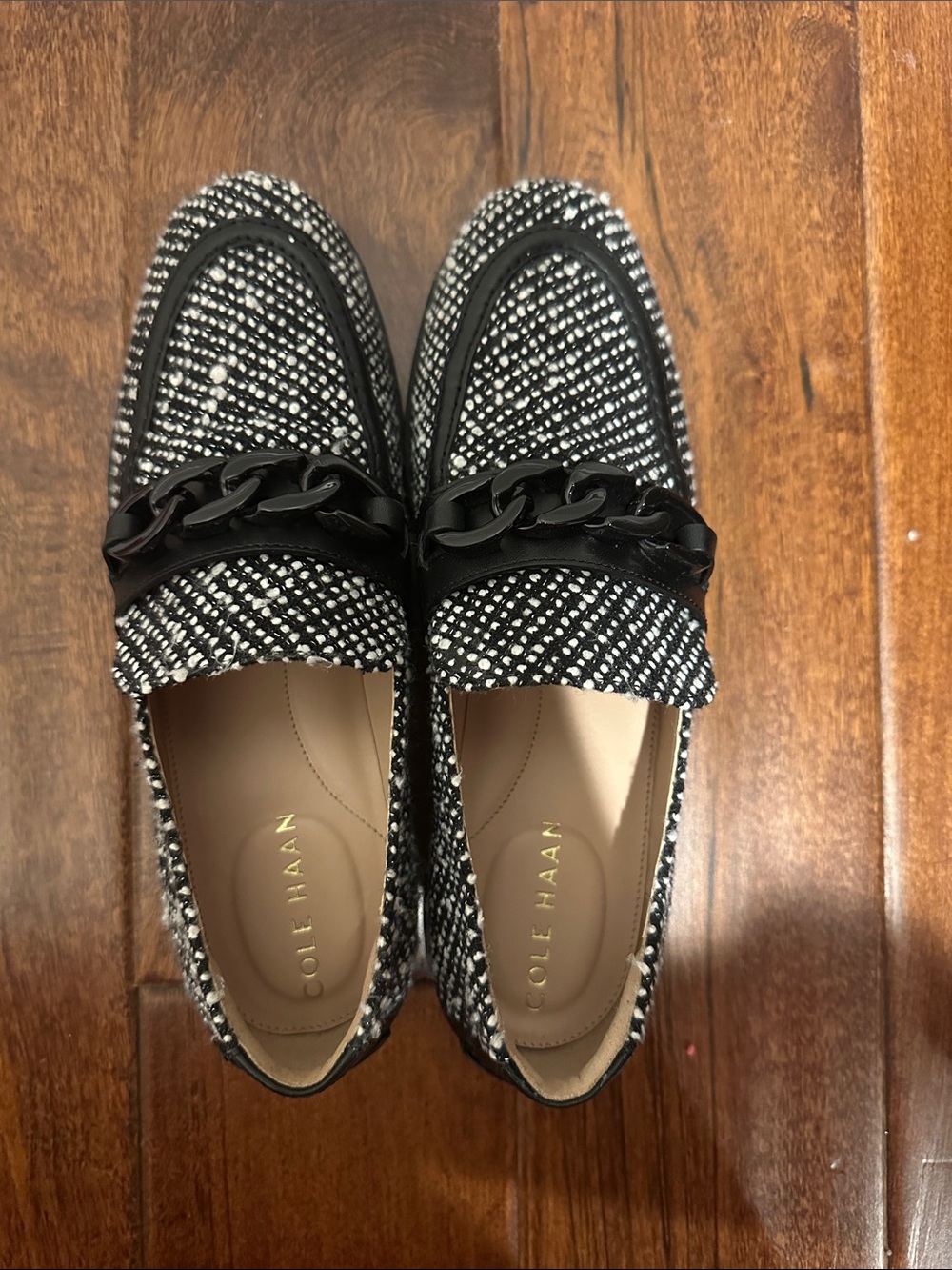 Cole Haan Black and White Tweed Loafers with Chain Trim